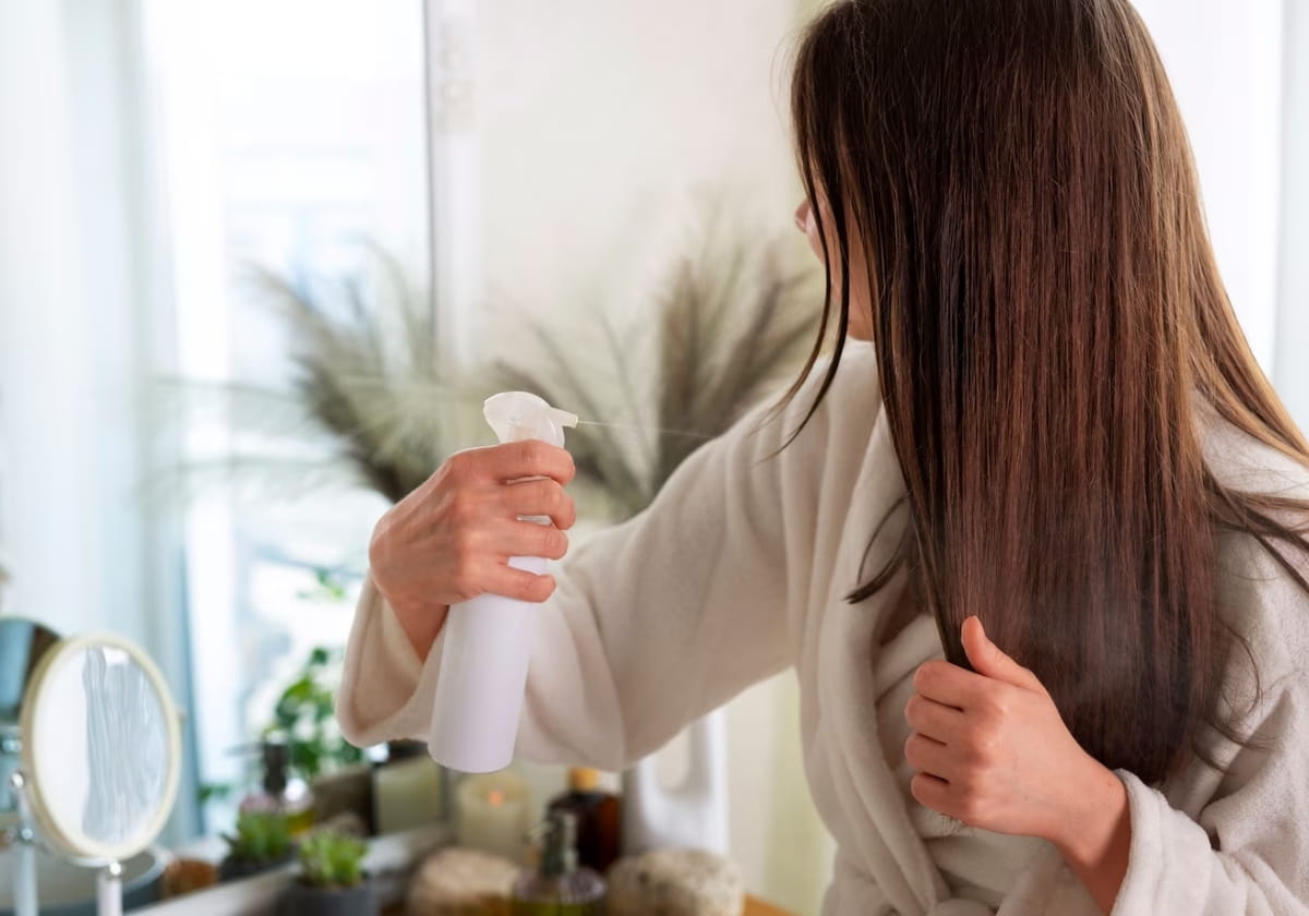 mulher aplicando produtos capilares em seu cabelo